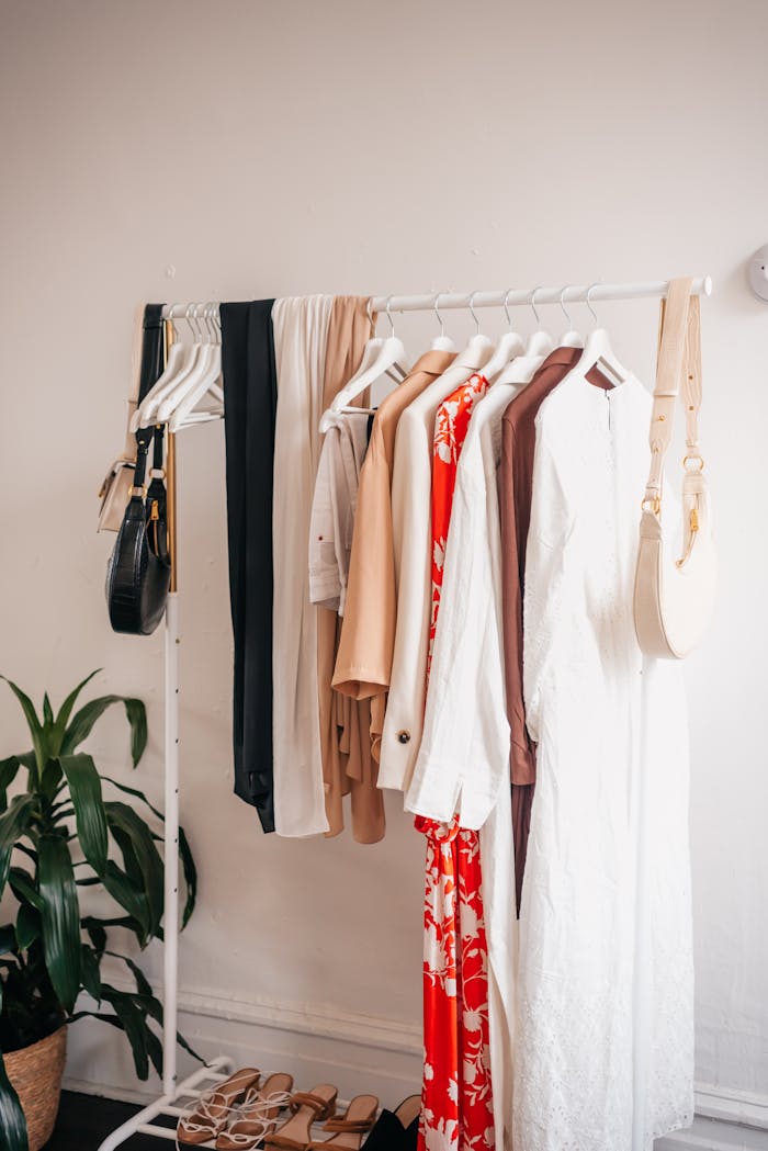 Stylish clothing rack with dresses and accessories in a boutique interior.